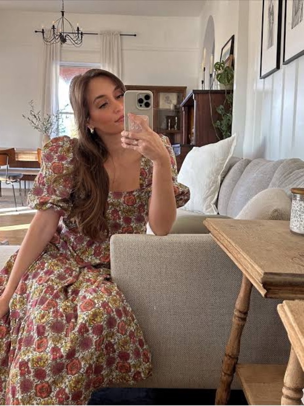 MINKPINK Yasamin Rose Print Puff-Sleeve Midi Dress in Red and Olive